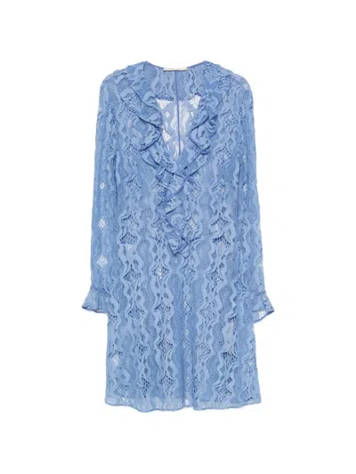 Pre-owned Roberto Cavalli Vintage 1990s Ruffle-trim Lace Mini Dress In Blue