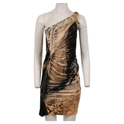 Pre-owned Roberto Cavalli Vintage 2000s Mini Dress It 42 Shoulder Cheetah Snake Black Tan