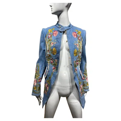 Pre-owned Roberto Cavalli Vintage 2003 Embroidered Denim Jacket Unisex Small Fit In Gray