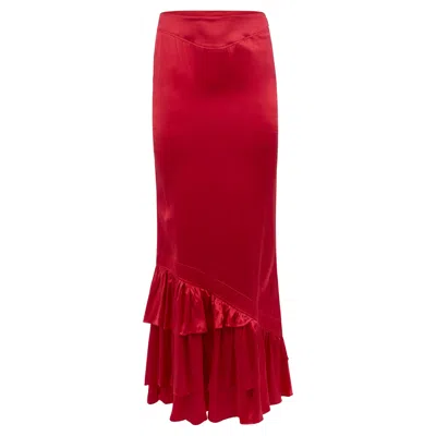 Pre-owned Roberto Cavalli Vintage 2003  Red Silk Maxi Ruffle Skirt