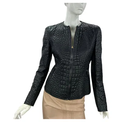 Pre-owned Roberto Cavalli Vintage 2008  Crocodile Print Black Leather Jacket It 42 - Us 6
