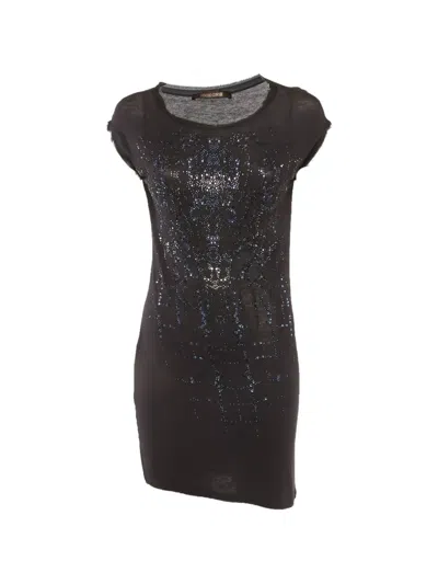 Pre-owned Roberto Cavalli Vintage Bead-embellished Raw-edge Tunic Top In Black