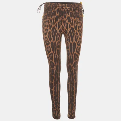 Pre-owned Roberto Cavalli Vintage Brown Leopard Print Stretch Crepe Skinny Pants S