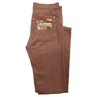 Pre-owned Roberto Cavalli Vintage Brown Straight Leg Jeans With Chainmail Pocket Detail