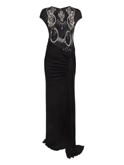 Pre-owned Roberto Cavalli Vintage Embellished Draped Dress In Black
