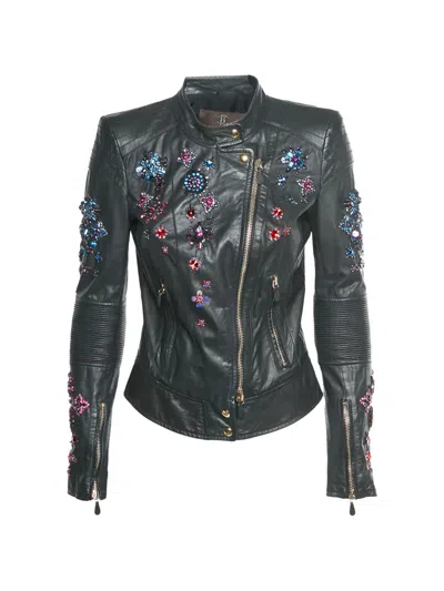 Pre-owned Roberto Cavalli Vintage Embellished Leather Biker Jacket In Black