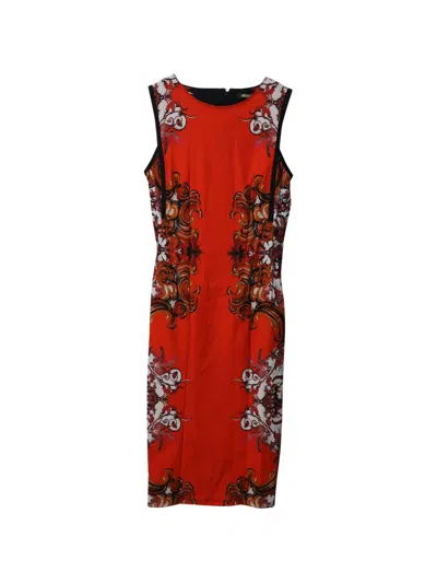 Pre-owned Roberto Cavalli Vintage Filigree-print Sheath Midi Dress In Red