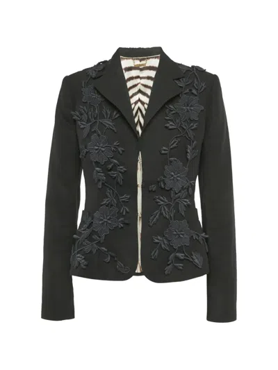 Pre-owned Roberto Cavalli Vintage Floral-appliqué Blazer In Black