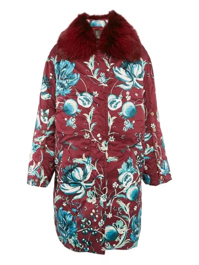 Pre-owned Roberto Cavalli Vintage Floral Fur-trim Coat In Red