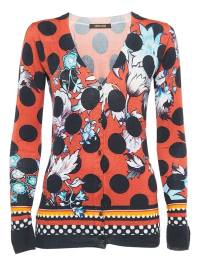 Pre-owned Roberto Cavalli Vintage Floral-print Polka-dot Cardigan In Red