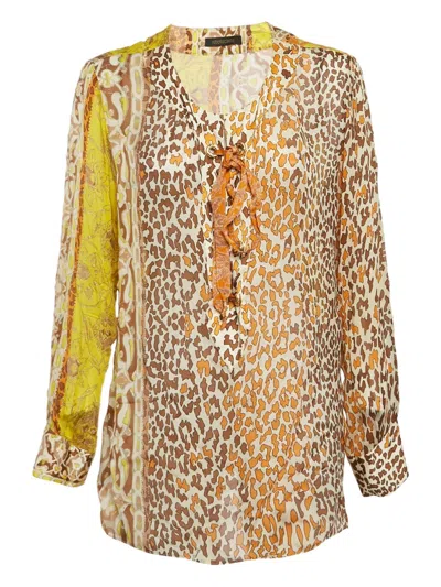Pre-owned Roberto Cavalli Vintage Floral-print Silk Blouse In Yellow