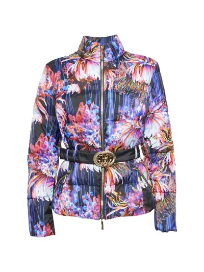 Pre-owned Roberto Cavalli Vintage Floral-print Belted Puffer Jacket In Black