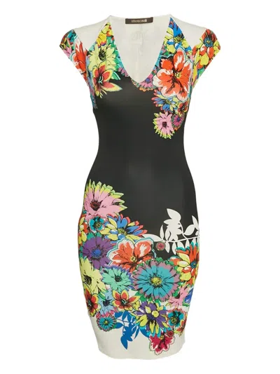 Pre-owned Roberto Cavalli Vintage Floral-print Jersey Dress In Black