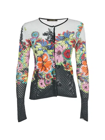 Pre-owned Roberto Cavalli Vintage Floral-print Long-sleeve Cardigan In Black