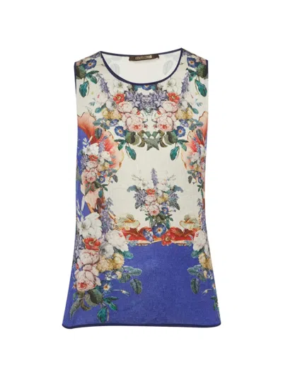 Pre-owned Roberto Cavalli Vintage Floral-print Silk Tank Top In White