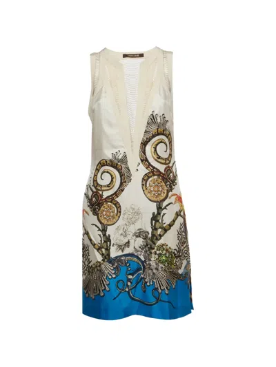 Pre-owned Roberto Cavalli Vintage Floral-print Snake-motif Mini Dress In Neutral