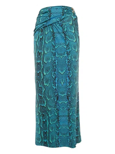 Pre-owned Roberto Cavalli Vintage Gathered-detail Snake-print Maxi Skirt In Blue