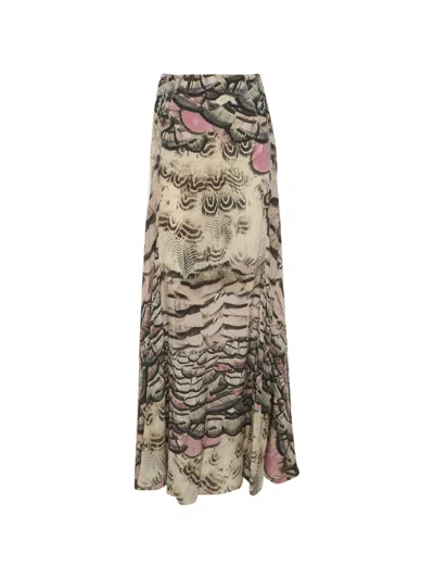 Pre-owned Roberto Cavalli Vintage Graphic-print Silk Maxi Skirt In Neutrals