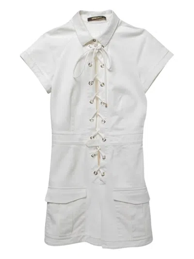 Pre-owned Roberto Cavalli Vintage Lace-up Pocket Playsuit In White