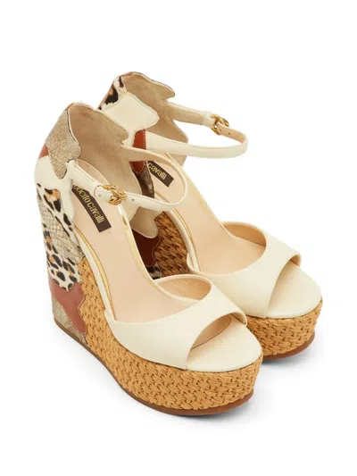 Pre-owned Roberto Cavalli Vintage Leather Platform Wedge Sandals In Neutral
