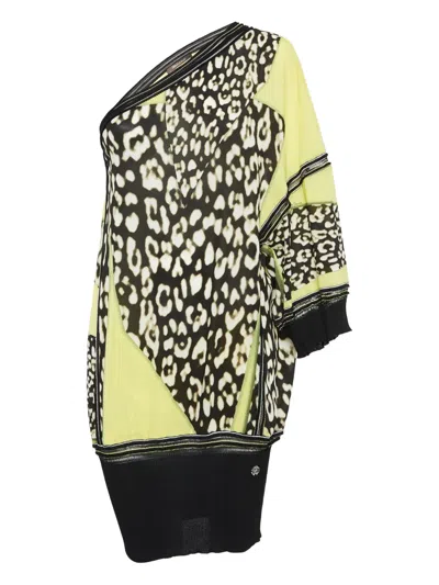 Pre-owned Roberto Cavalli Vintage Leopard-print One-shoulder Top In Yellow