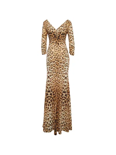 Pre-owned Roberto Cavalli Vintage Leopard-print Ruched Maxi Dress In Neutrals