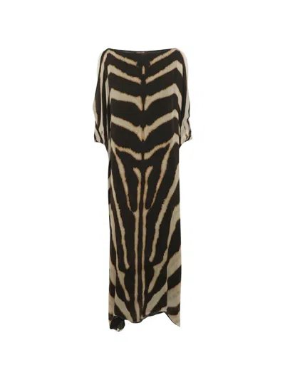 Pre-owned Roberto Cavalli Vintage Maxi Animal-print Silk Maxi Dress In Brown