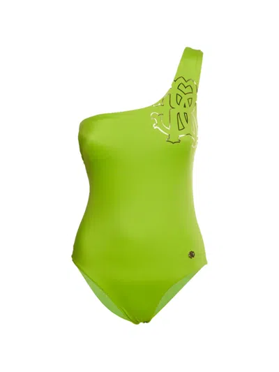 Pre-owned Roberto Cavalli Vintage Monogram One-shoulder Swimsuit In Green