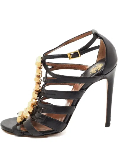 Pre-owned Roberto Cavalli Vintage  110mm Embellished Leather Sandals In Black