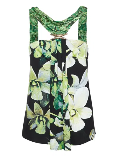 Pre-owned Roberto Cavalli Vintage  Floral-print Top In Green