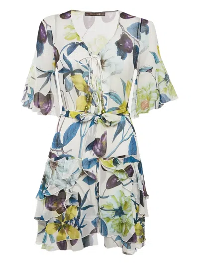 Pre-owned Roberto Cavalli Vintage  Floral Ruffled Silk Mini Dress In White