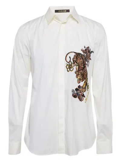 Pre-owned Roberto Cavalli Vintage  Tiger-embroidery Shirt In White
