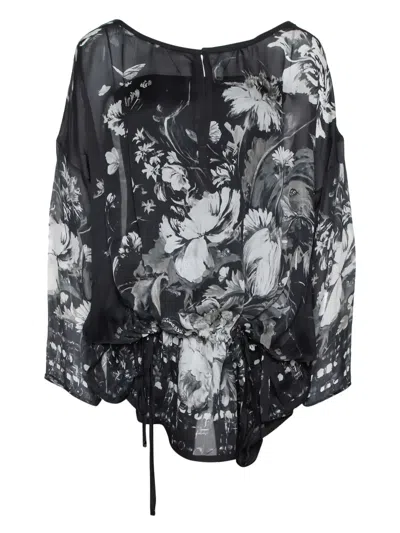Pre-owned Roberto Cavalli Vintage  Floral-print Slk Top In Black