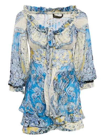 Pre-owned Roberto Cavalli Vintage  Ruffled Blouse And Skirt Set In Blue