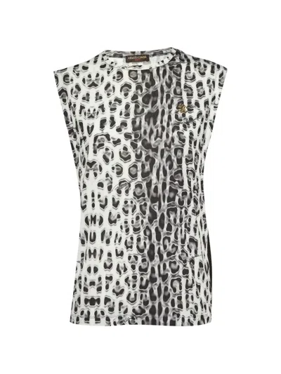 Pre-owned Roberto Cavalli Vintage Printed Mesh-panel Tank Top In White