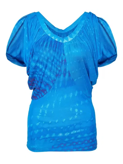 Pre-owned Roberto Cavalli Vintage Puff-sleeve Wave-print Top In Blue