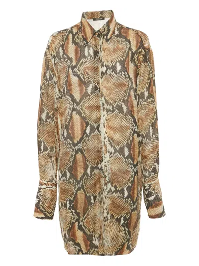 Pre-owned Roberto Cavalli Vintage Python-print Shirt Dress In Brown