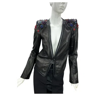 Pre-owned Roberto Cavalli Vintage  Black Leather Crystal Embellished Jacket Blazer It 40