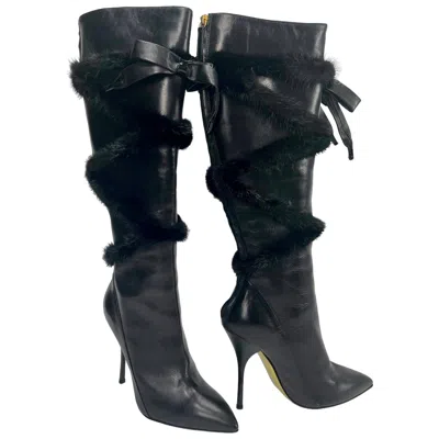 Pre-owned Roberto Cavalli Vintage  Black Leather Knee High Boots With Mink Fur 36.5 Nib