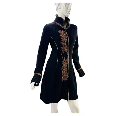 Pre-owned Roberto Cavalli Vintage  Black Wool Coat With Metallic Bullion Embroidery