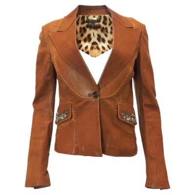 Pre-owned Roberto Cavalli Vintage  Brown Leather Beaded Blazer With Stitching