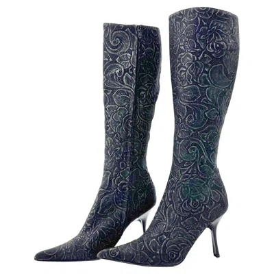 Pre-owned Roberto Cavalli Vintage  Denim Floral Print Knee High Pointed Toe Boots 37.5 In Black