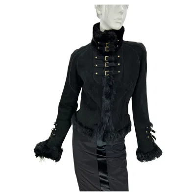Pre-owned Roberto Cavalli Vintage  Fw 2004 Black Suede Mink Shearling Jacket Italian M