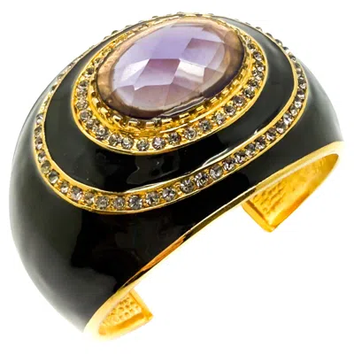 Pre-owned Roberto Cavalli Vintage  Italy Amethyst Glass & Black Enamel Statement Cuff 1990s In Purple