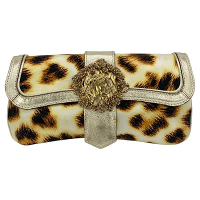 Pre-owned Roberto Cavalli Vintage  Leopard Print Silk Sunflower Clutch Baguette In Sand