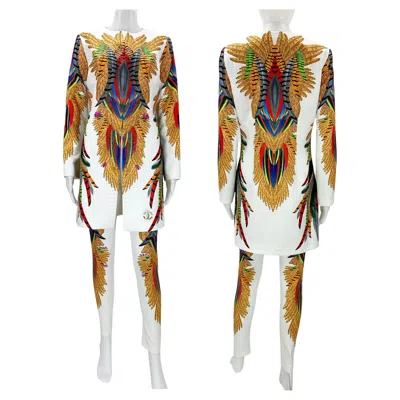 Pre-owned Roberto Cavalli Vintage  Quilted Crystal Embellished Feather Print Pant Suit 40 In Sand