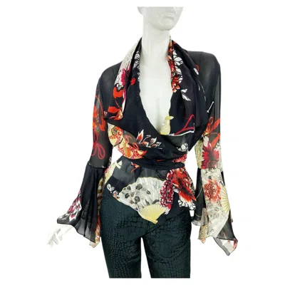 Pre-owned Roberto Cavalli Vintage  S/s 2006 Silk Wrap Top Blouse Italian 46 In Black