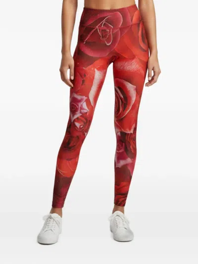 Pre-owned Roberto Cavalli Vintage Rose-print Leggings In Red