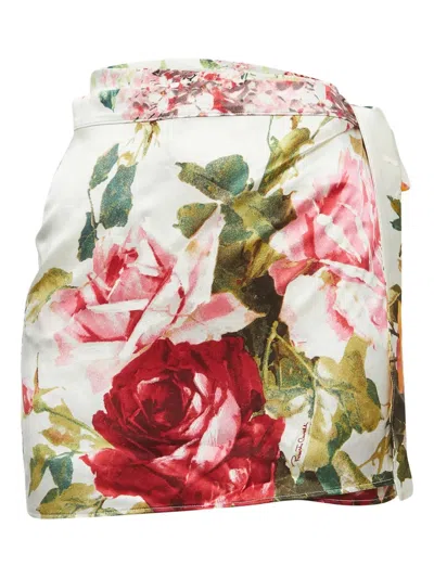 Pre-owned Roberto Cavalli Vintage Rose-print Wrap Mini Skirt In White