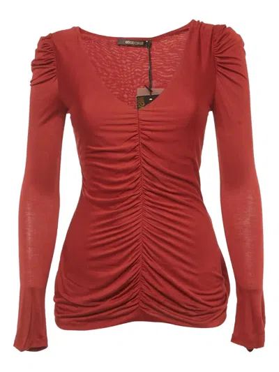 Pre-owned Roberto Cavalli Vintage Ruched Long-sleeve Top In Red